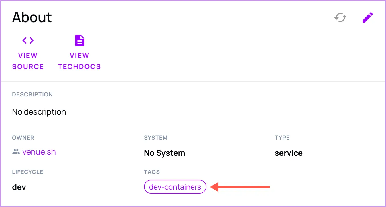 On the "About" page for the entity, there's a tag called "dev-containers."