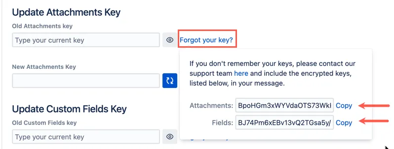 Forgot your key? dialog showing newly generated encrypted recovery keys with copy options