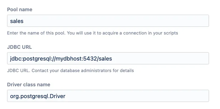 Database connection configuration showing driver class examples