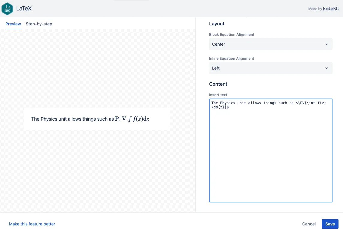 example of LaTeX Physics package syntax and the resulting formatted physics expressions output