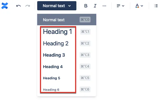 Example page content in the editor showing text styled with Heading formats