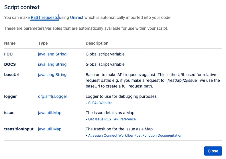 Script context modal showing the list of available script parameters and code variables, including baseUrl, logger, issue, and transitionInput.