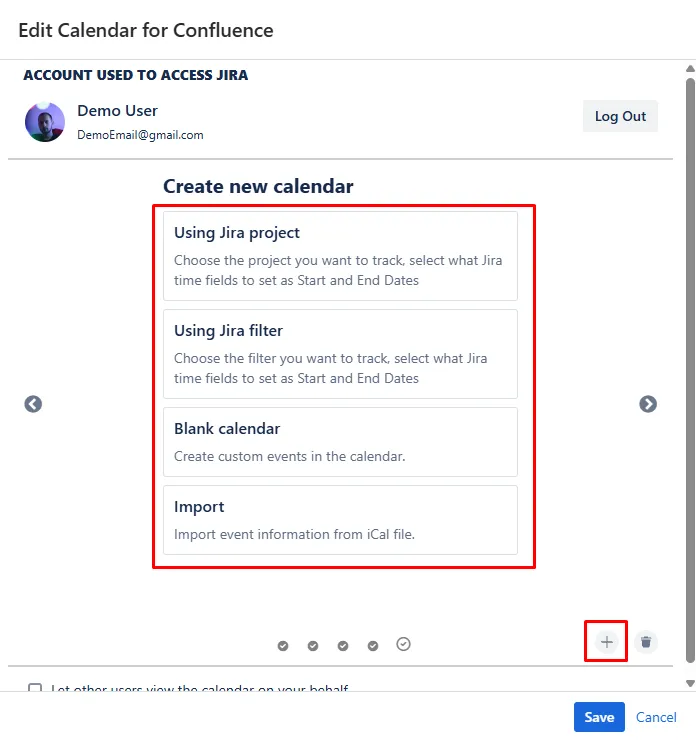 Calendar for Confluence interface showing the + button on the right side used to add a new calendar