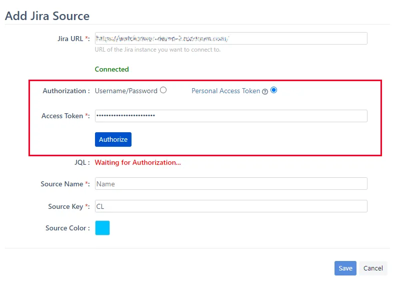 Image showing Authorization and Access Token fields highlighted on the Add Jira Source screen