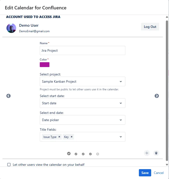Calendar for Confluence edit mode showing the color picker menu for selecting a calendar color