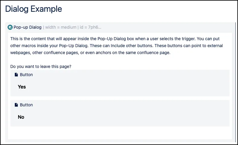 Macro placeholder on the page indicating where Pop-up Dialog content will be inserted.