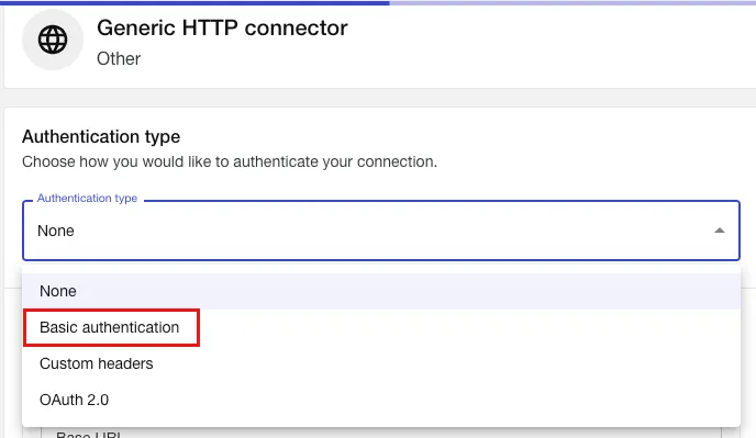 The Basic authentication option highlighted in the Authentication Type section.
