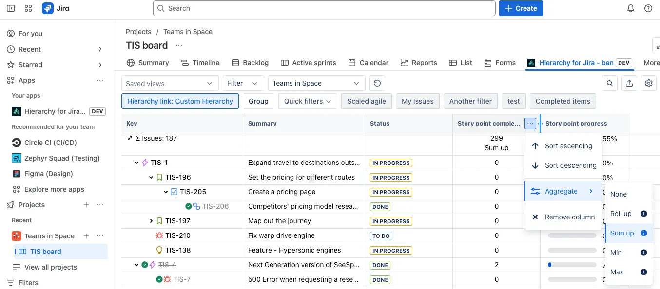 A screenshot showing how to access column aggregation methods by cliking on the three-dot menu for the column, then clicking Aggregate, then selecting your aggregation method.