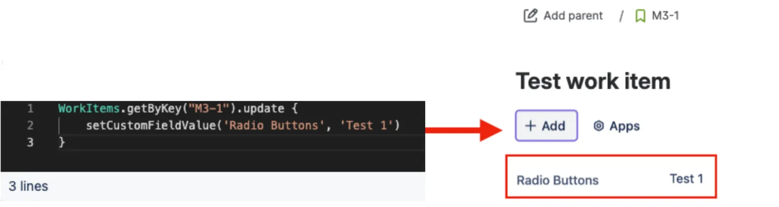 Radio button field set to "Yes" using the setCustomFieldValue function
