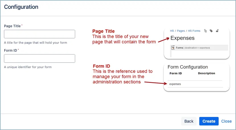 Forms configutation menu showing a new form with Page Title and Form ID fields completed and the Create button highlighted