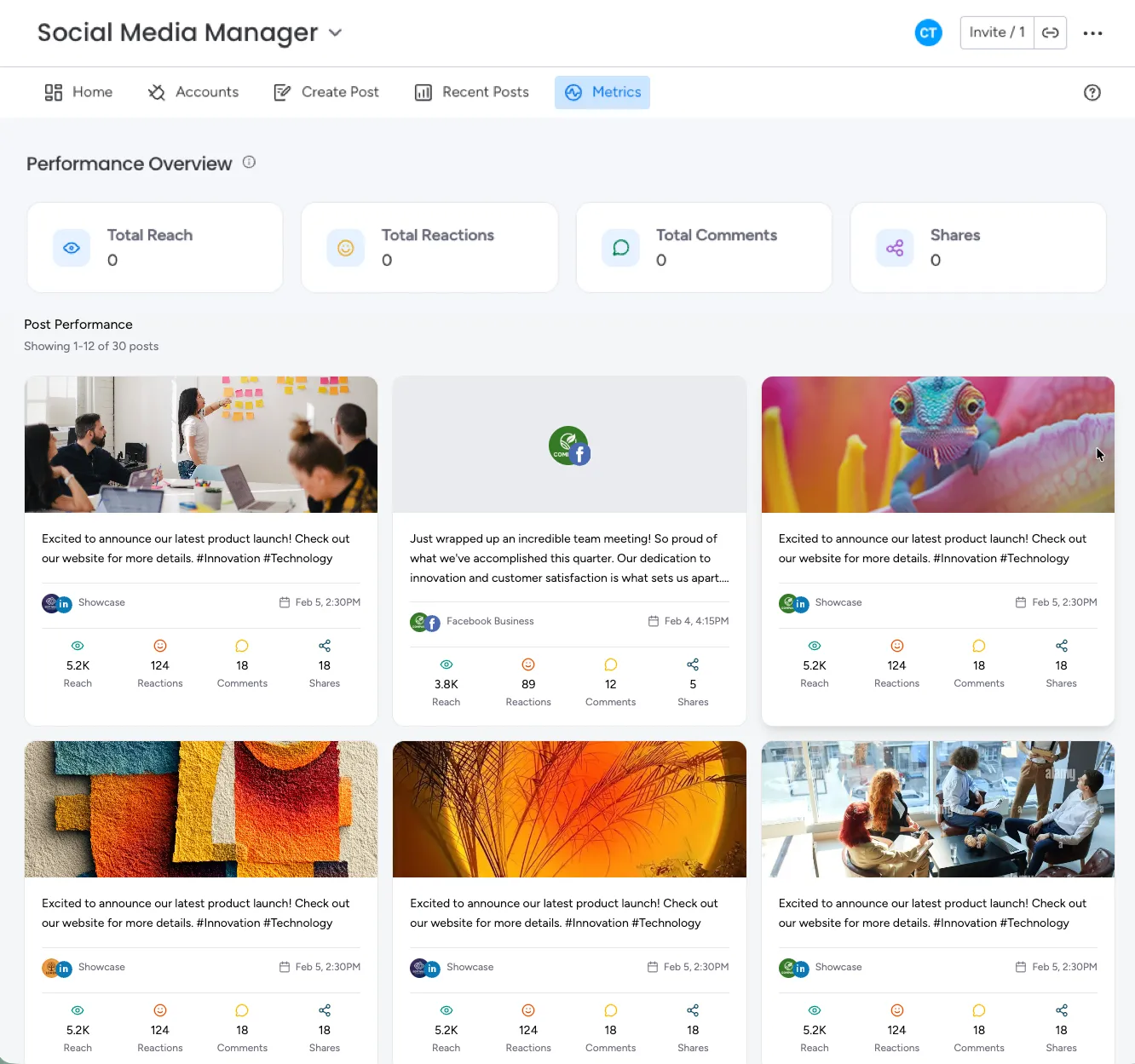 Metrics page showing Performance Overview and Post Performance sections with charts and engagement statistics.