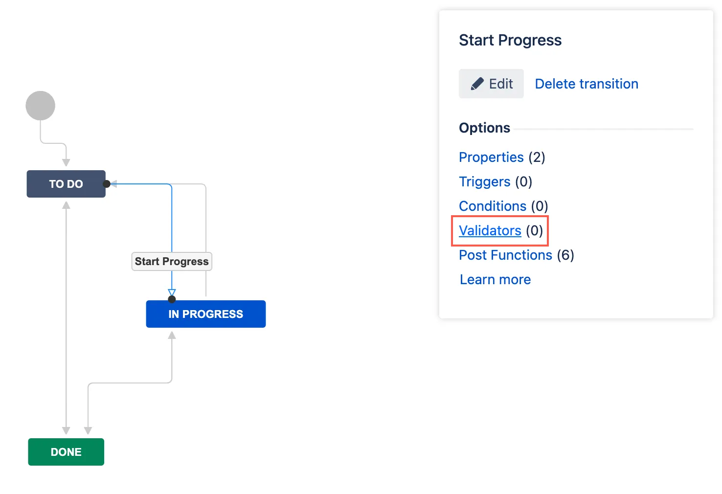 Select Validators option in workflow