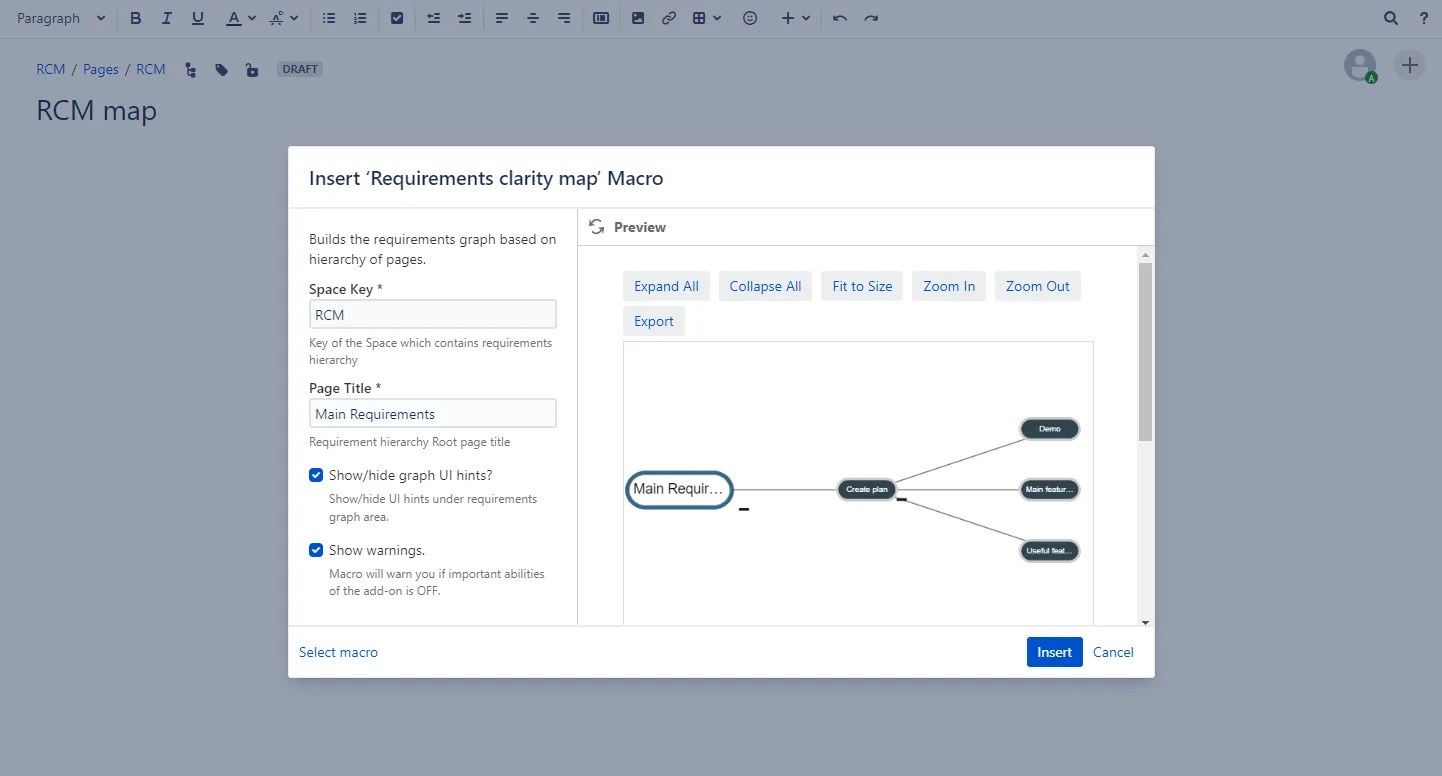 Requirement Clarity Map macro configuration dialog showing fields for Space Key, Page Title, and graph UI hints