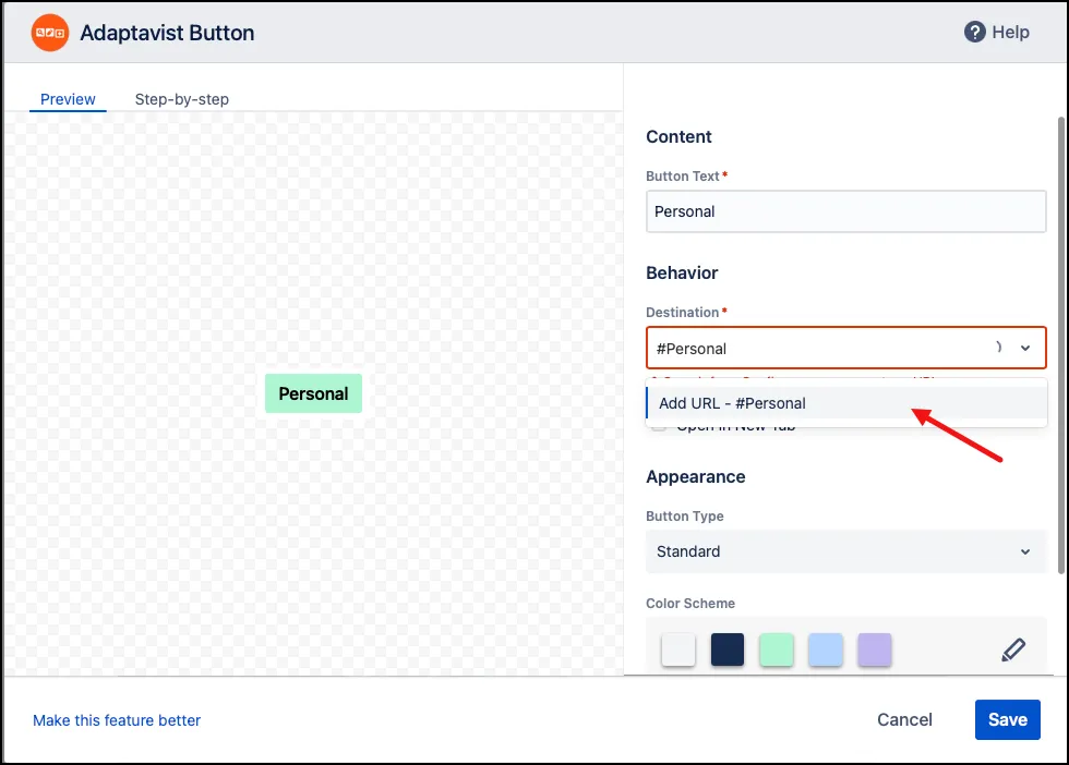 Confluence link dialog showing an anchor URL example using #Personal