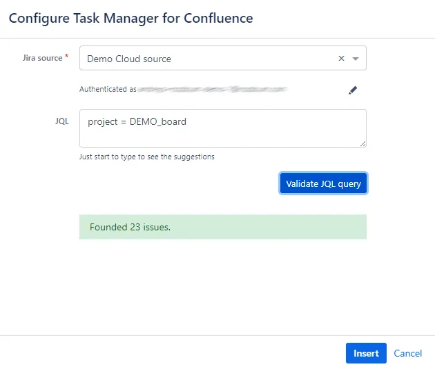Example of a Confluence page displaying Jira issues returned by the validated JQL query