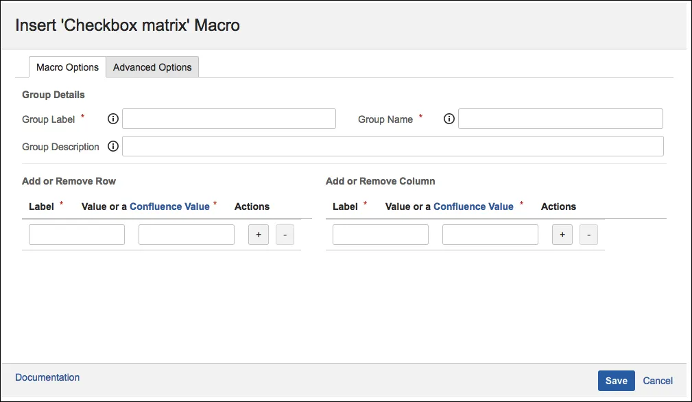 Forms - Checkbox Matrix macro configuration dialog showing options for setting the matrix name and other parameters