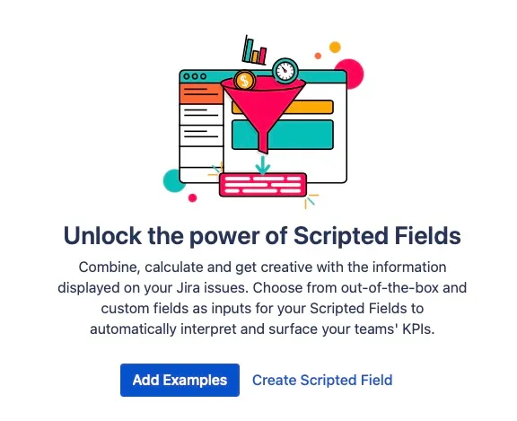 Scripted fields landing screen showing the Create Scripted Field and Add Examples buttons.