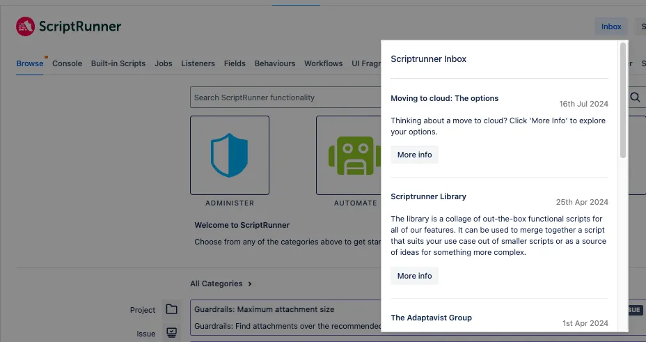 ScriptRunner In-App Inbox panel showing notifications list within the admin interface