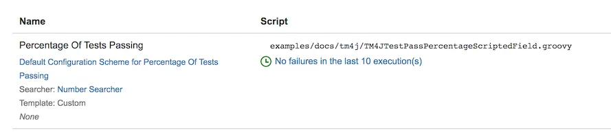 ScriptRunner scripted field configuration showing the Tests Passed custom field with the Searcher set to Number Searcher.