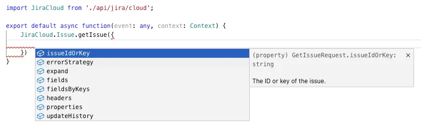 Code editor screenshot showing a TypeScript function importing 'JiraCloud' module and calling 'getIssue'. Dropdown menu lists parameters options, highlighting 'issueIdOrKey'.