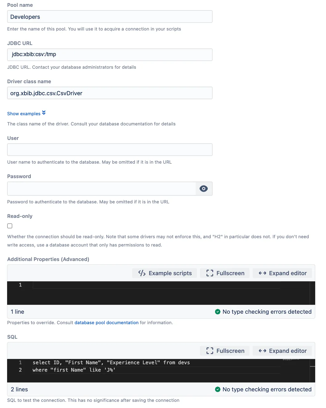 Database connection configuration with CSV driver parameters