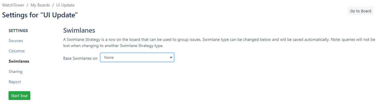 Image of the Swimlanes screen within Settings