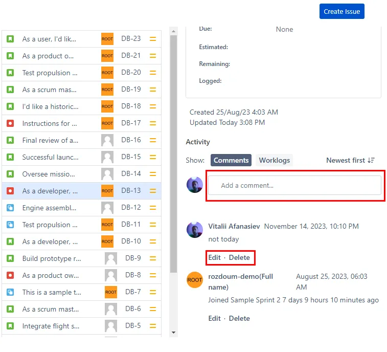 Comments section in the TMC macro showing options to add, edit, and delete comments on a Jira issue