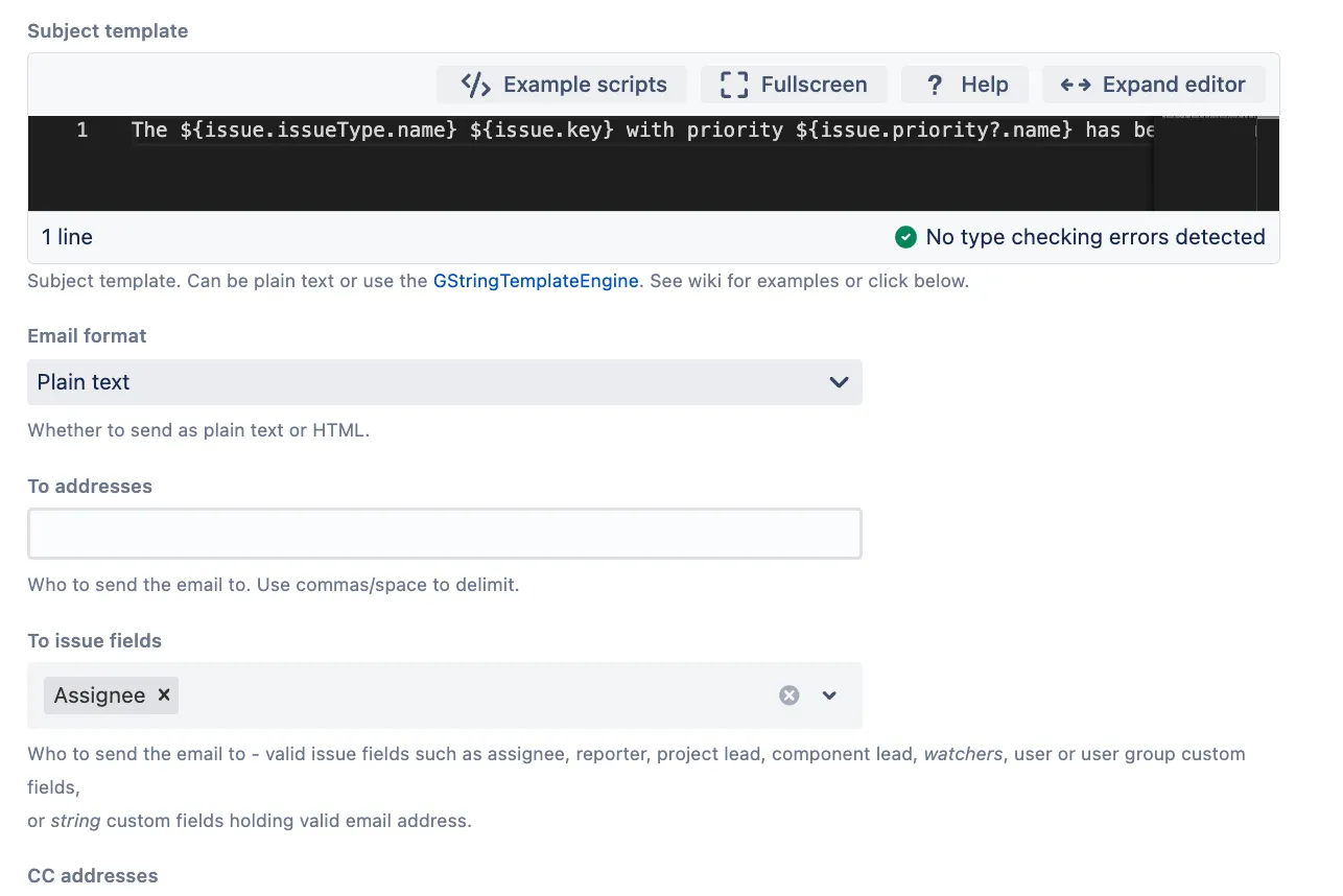 To addresses and To issue fields configuration.