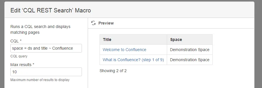 The CQL REST Search Mcro form with the exmample configuration details.