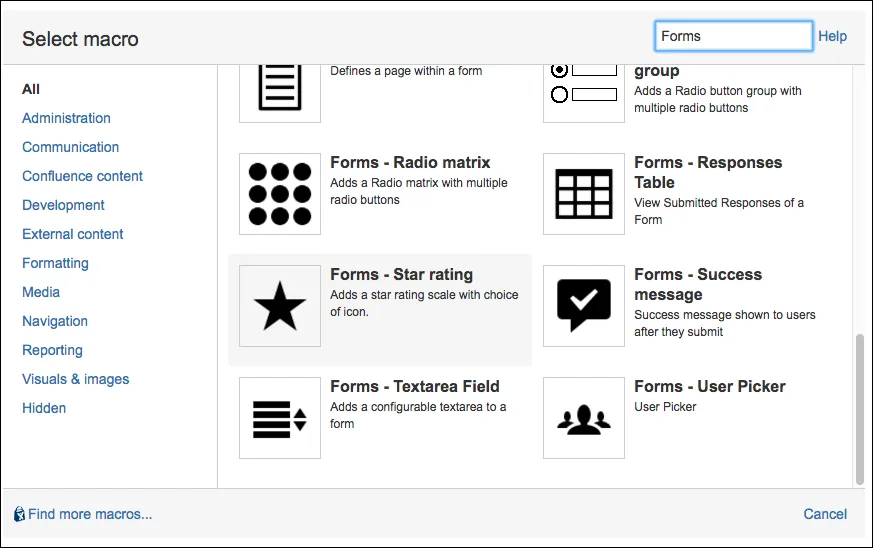 Star Rating macro settings in the Forms for Confluence macro editor