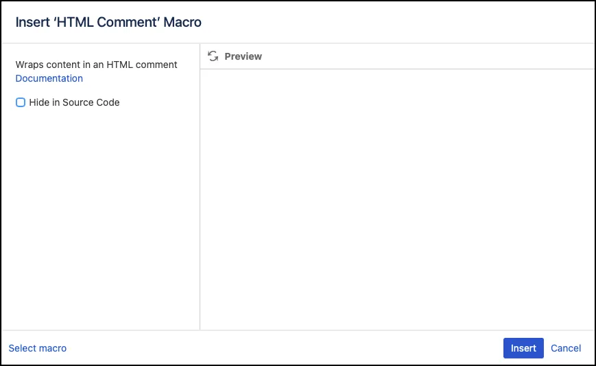 Insert Macro window showing the HTML Comment macro fields in Confluence