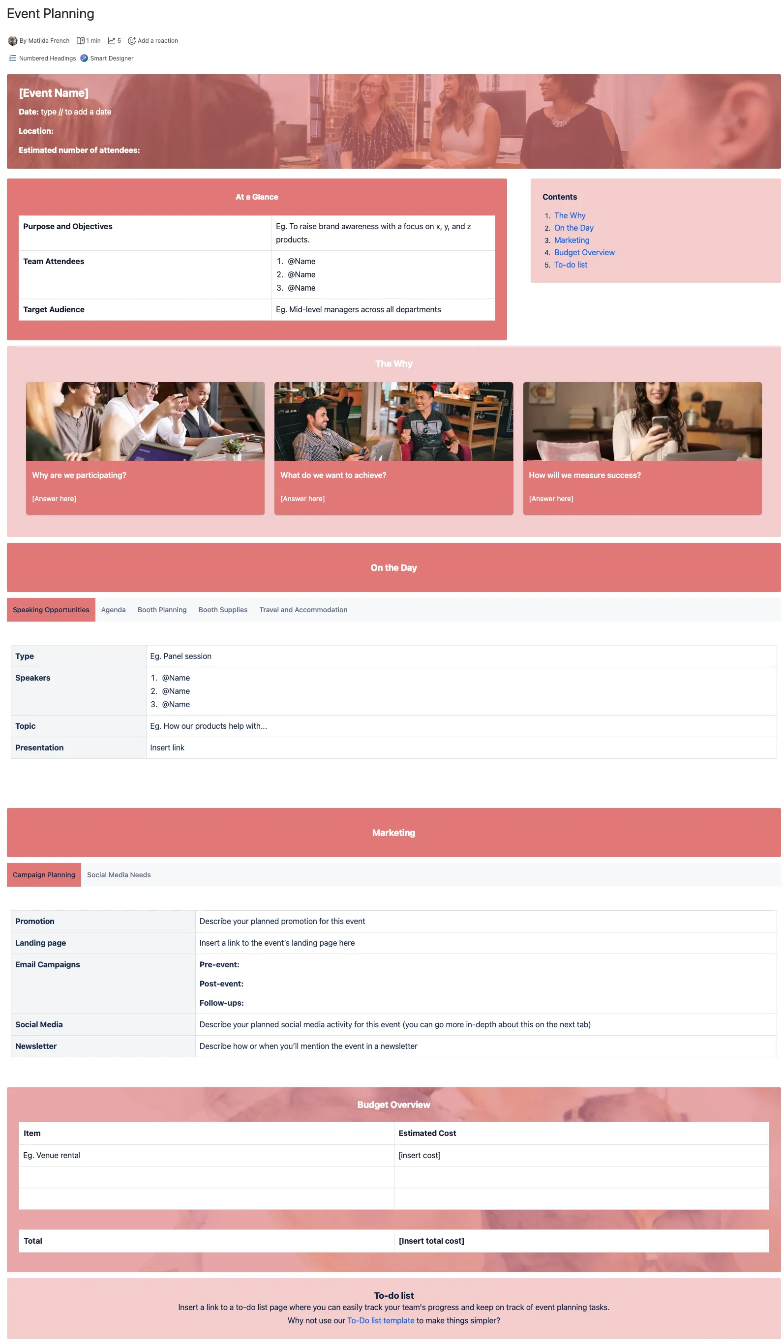 Published Event Planning template