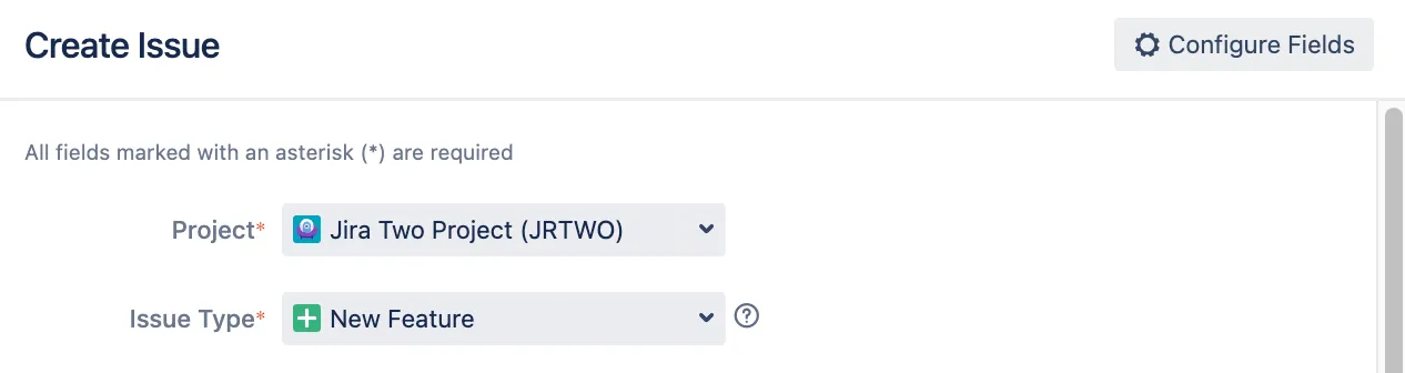 Constrained Create Issue dialog with the project and issue type fields pre-filled for creating a linked issue