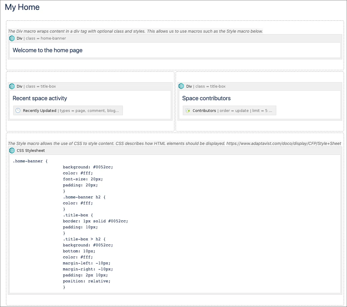 The edit page for the Space Home page showing editable sections and layout controls