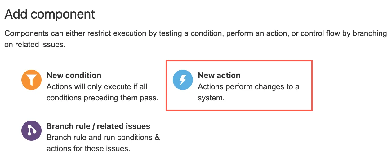 Automation for Jira New action screen with the New action button highlighted