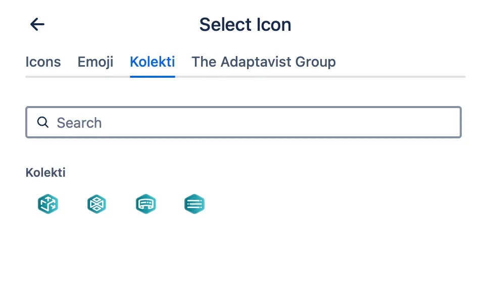 Select icon screen showing tabs for each Brand Kit, with only Brand Kits that contain icons displayed as tabs.