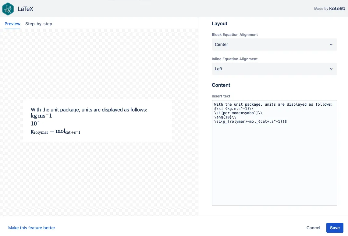 example of LaTeX Unit package syntax and the resulting formatted units output