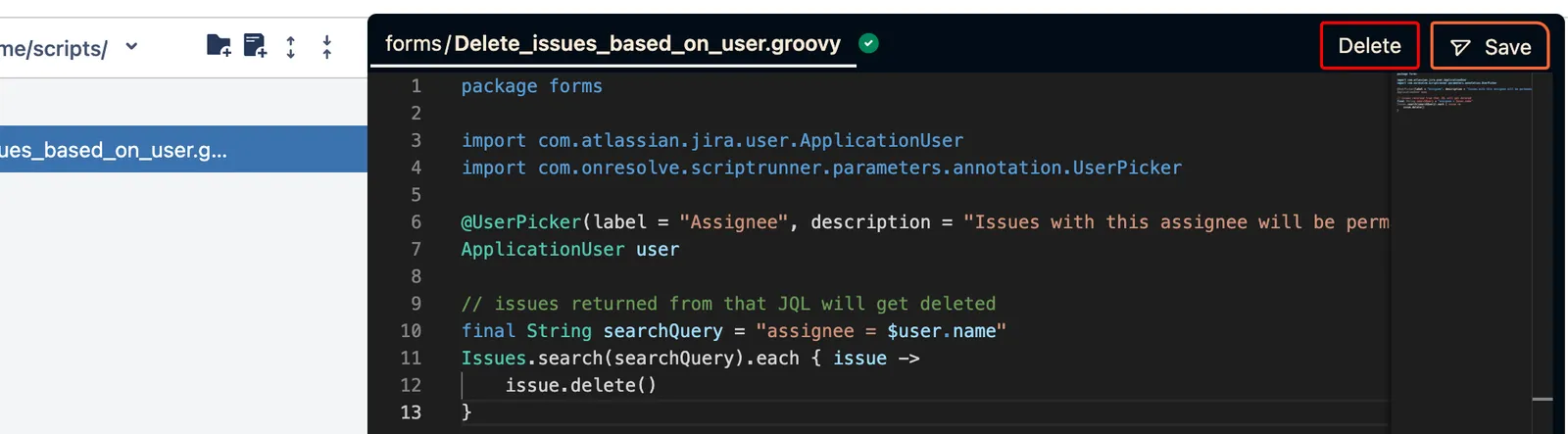Groovy script file open in the Script Editor, showing the saved script content.
