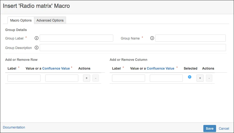 Forms - Radio Matrix macro dialog in Confluence showing configuration options.
