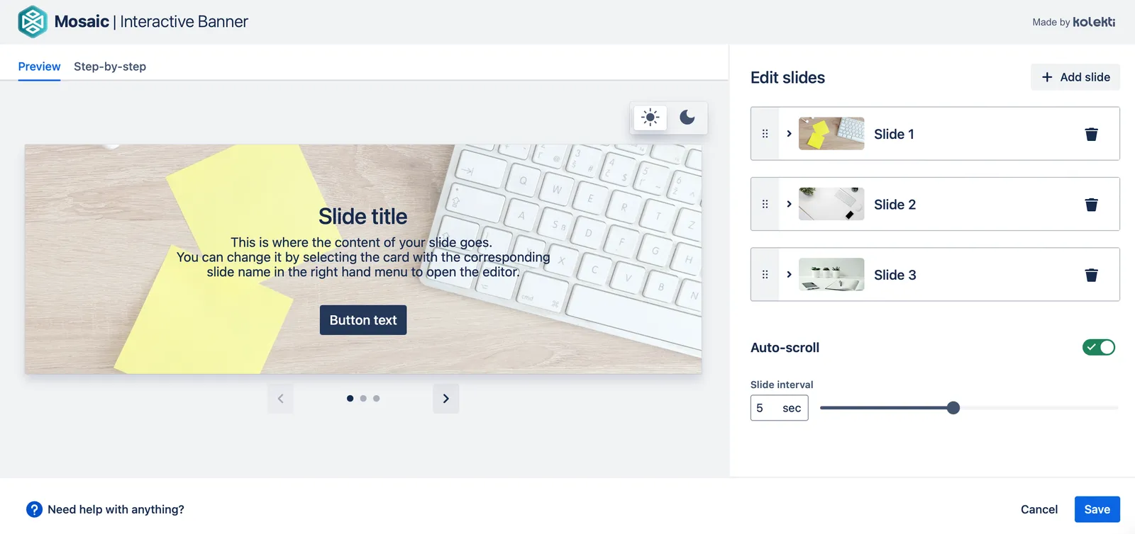 Interactive Banner macro editor showing options to customize banner text, colors, layout, and imagery.