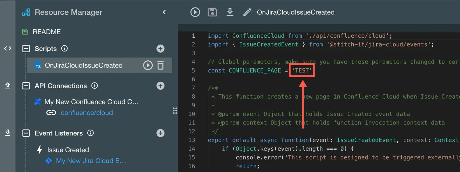 The TEST parameter in the OnJiraCloudIssueCreated script.