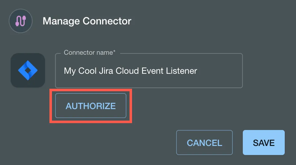 The Authorize button highlighted in the Manage Connector dialog.