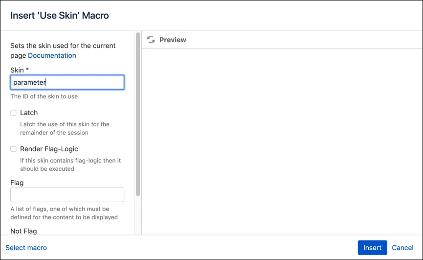 The Insert Use Skin Macro screen, with example configuration.