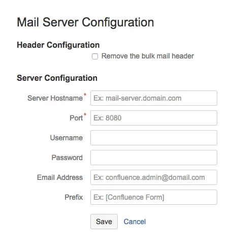 Form mail server configuration fields, including host, port, authentication, and security options