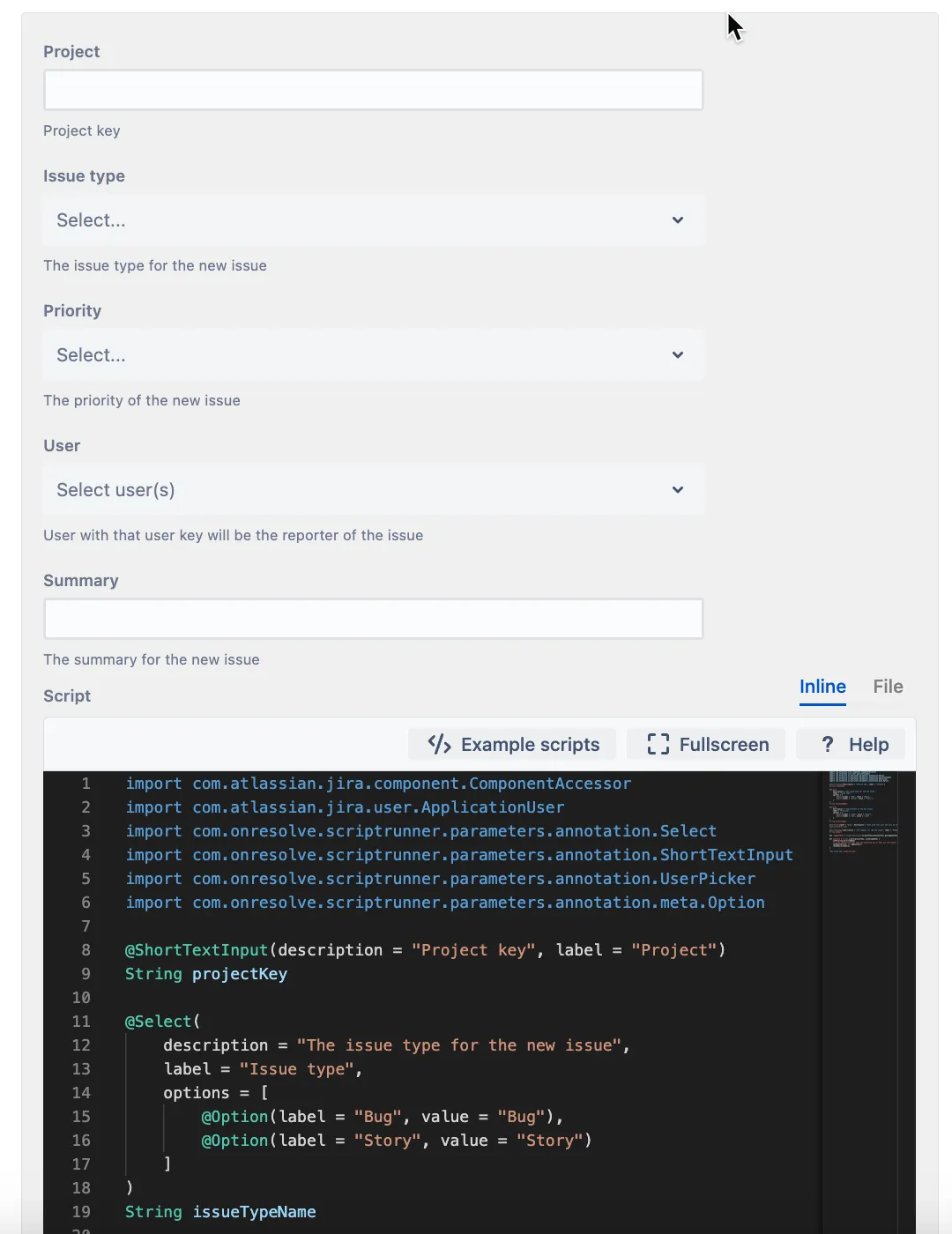 Dynamic form example for creating an issue