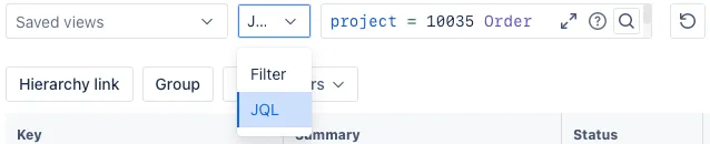 JQL search interface showing the Filter dropdown set to JQL and the query editor where users can enter a Jira Query Language search.