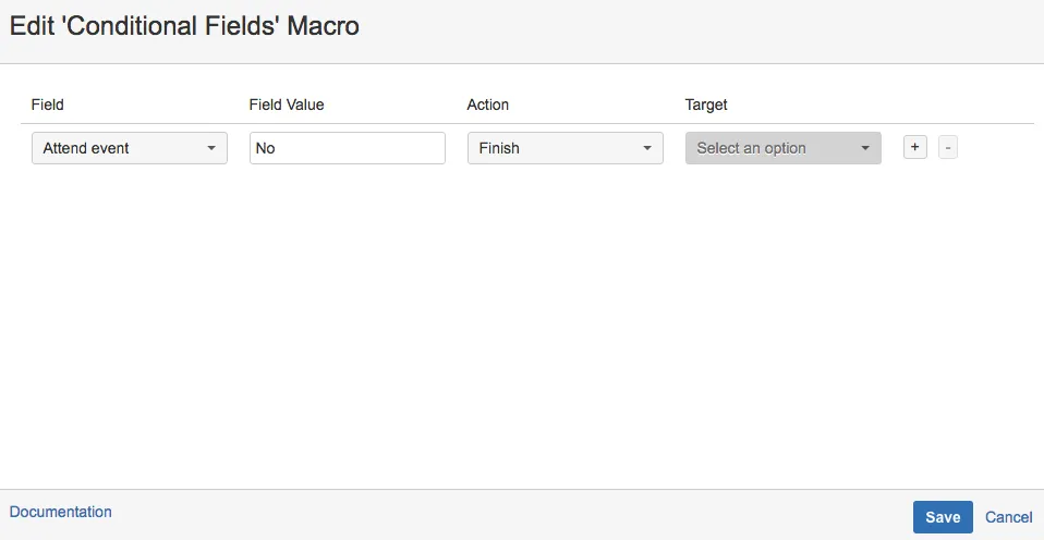 Finish condition configuration showing a rule that changes the Next button to Submit when the user answers No to “Are you going to attend the event required?”
