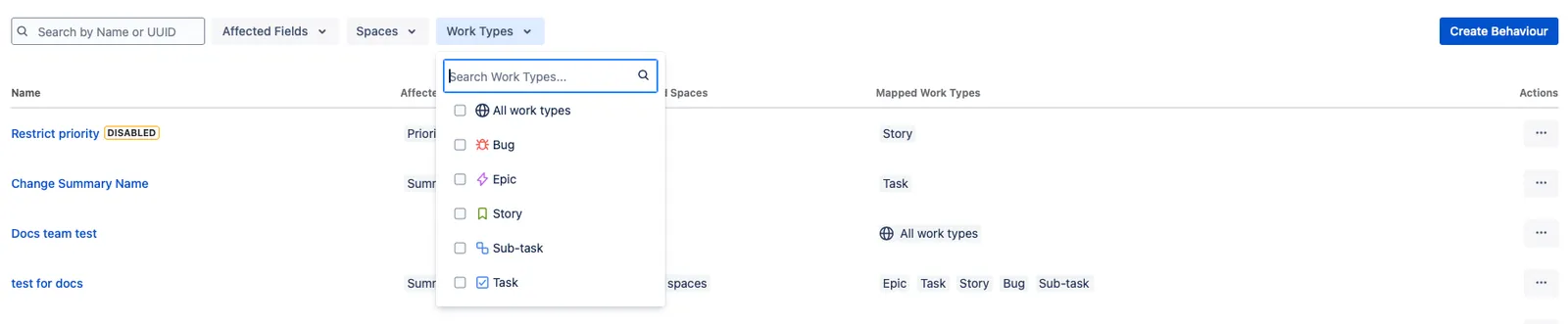 Behaviours list with search bar, sort options, and filters for Affected Fields, Spaces, and Work Types highlighted.