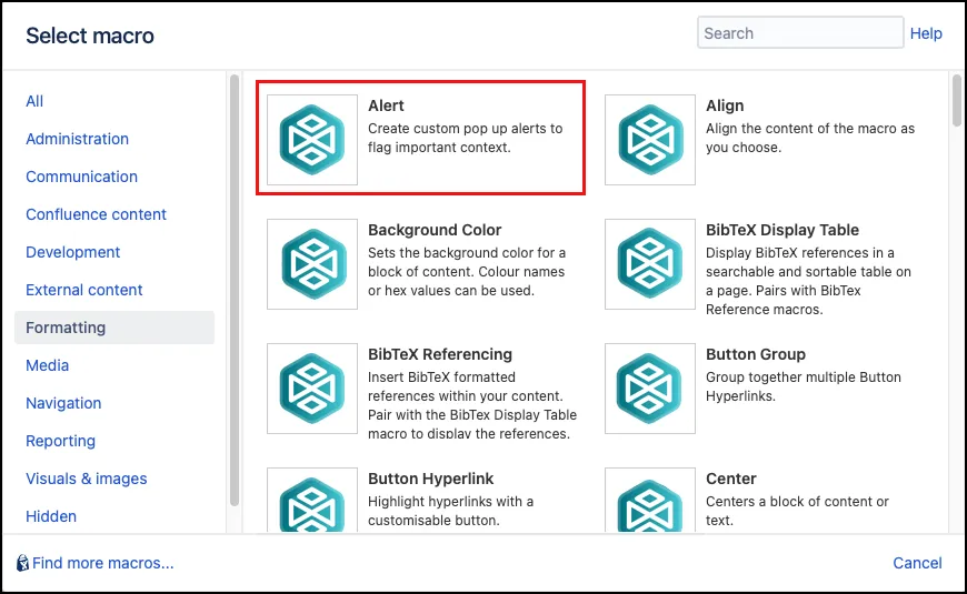 Macro Browser showing the Alert macro selected