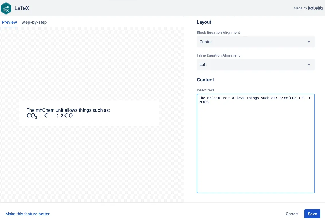 example of LaTeX mhChem package syntax and the resulting formatted chemical equation output